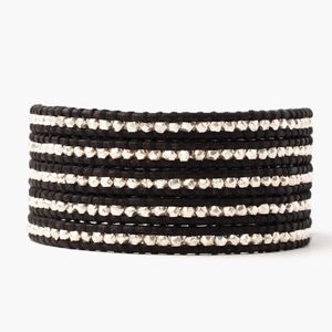 CHAN LUU SILVER WRAP BRACELET ON BLACK LEATHER